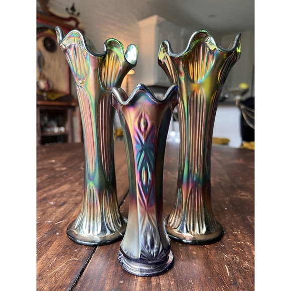Set Of 3 Fenton Swung CARNIVAL Glass Diamond and Ribbed Vases Vintage - Picture 1 of 16